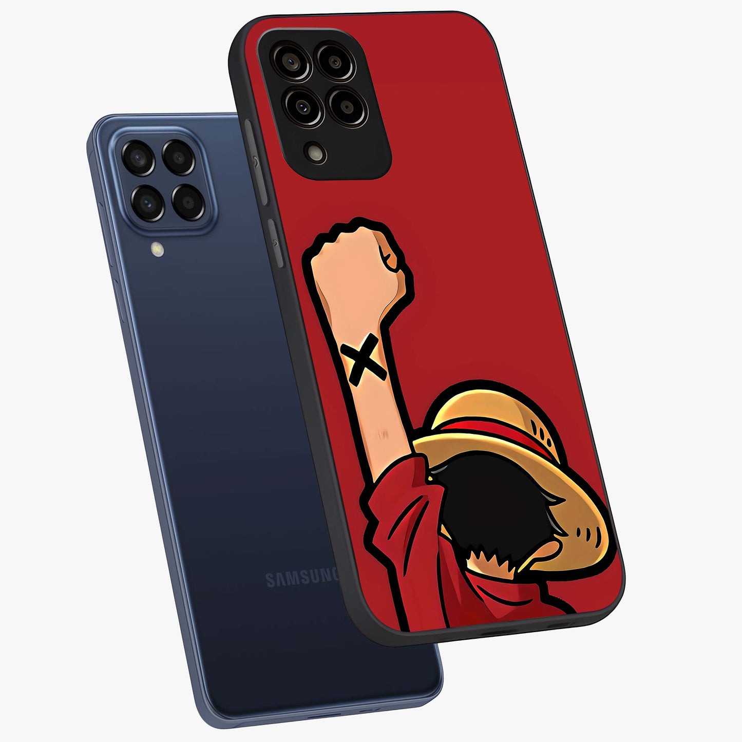 Luffy X Spirit Glass Case displayed in angled mockup highlighting powerful anime design with energetic action aesthetic.