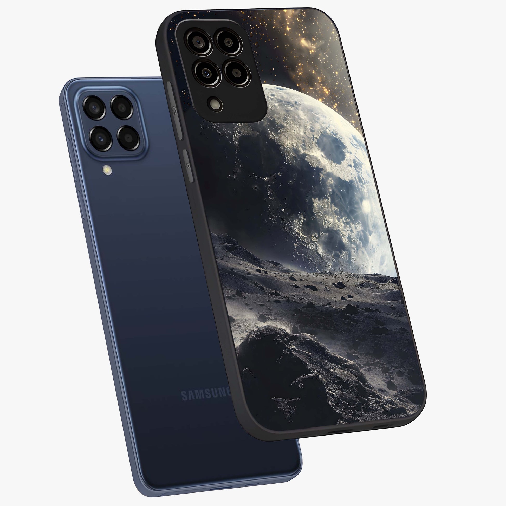 Lunar Horizon Glow Glass Case displayed in angled mockup highlighting celestial moon design with dreamy night aesthetic.