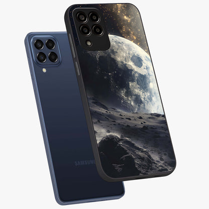 Lunar Horizon Glow Glass Case displayed in angled mockup highlighting celestial moon design with dreamy night aesthetic.