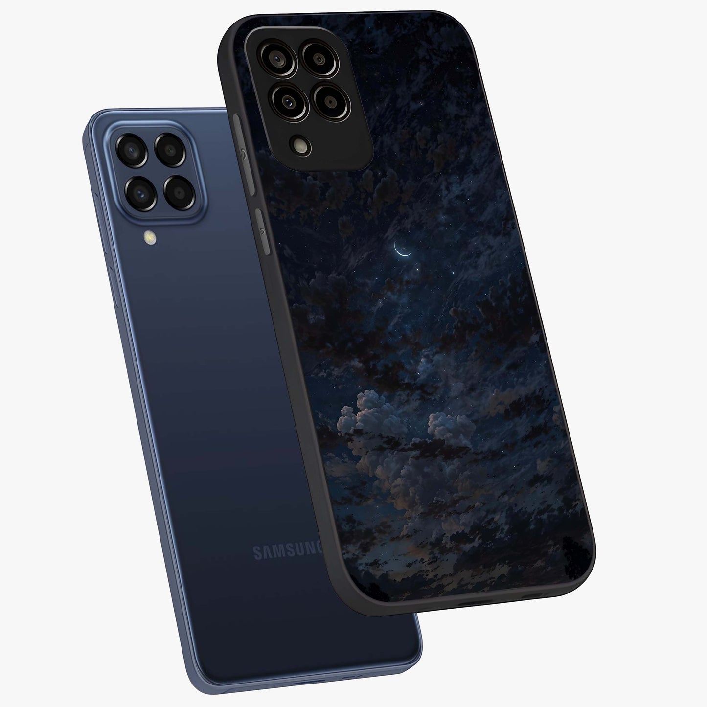 Lunar Veil Silence Glass Case displayed in angled mockup highlighting soft lunar design with peaceful celestial aesthetic.