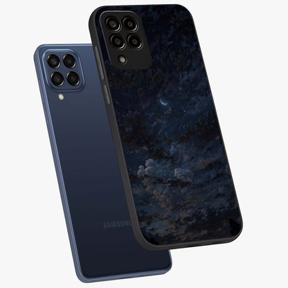 Lunar Veil Silence Glass Case displayed in angled mockup highlighting soft lunar design with peaceful celestial aesthetic.