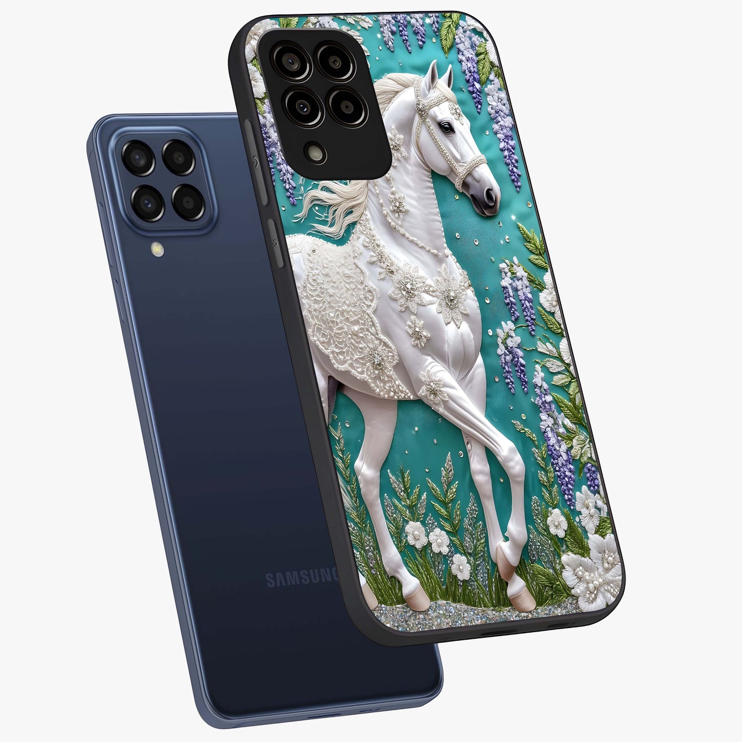 Majestic Floral Stallion Glass Case displayed in angled mockup highlighting majestic stallion illustration with elegant floral aesthetic.