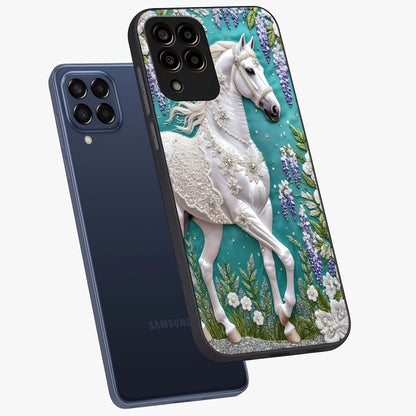 Majestic Floral Stallion Glass Case displayed in angled mockup highlighting majestic stallion illustration with elegant floral aesthetic.
