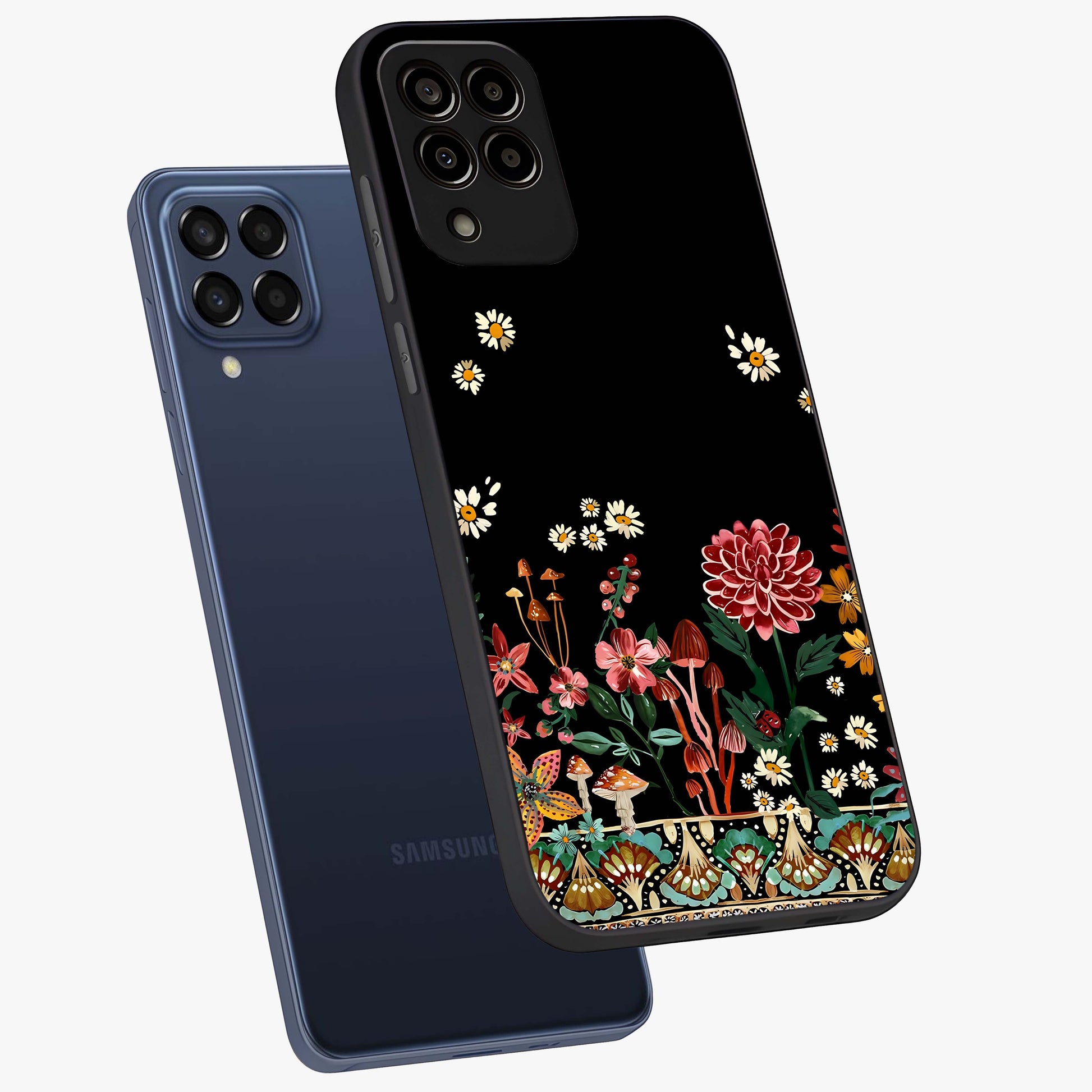 Midnight Bloom Pattern Glass Case displayed in angled mockup highlighting elegant flower design with midnight aesthetic style.