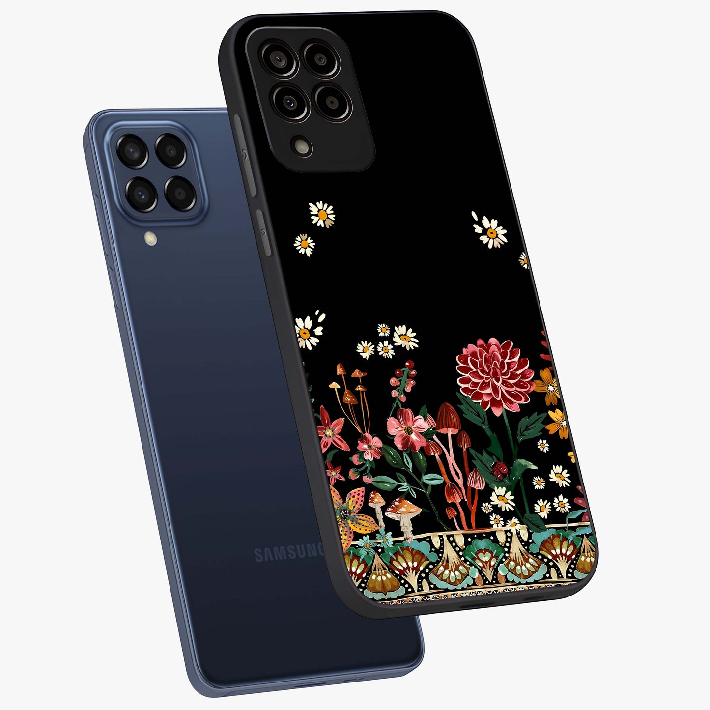 Midnight Bloom Pattern Glass Case displayed in angled mockup highlighting elegant flower design with midnight aesthetic style.