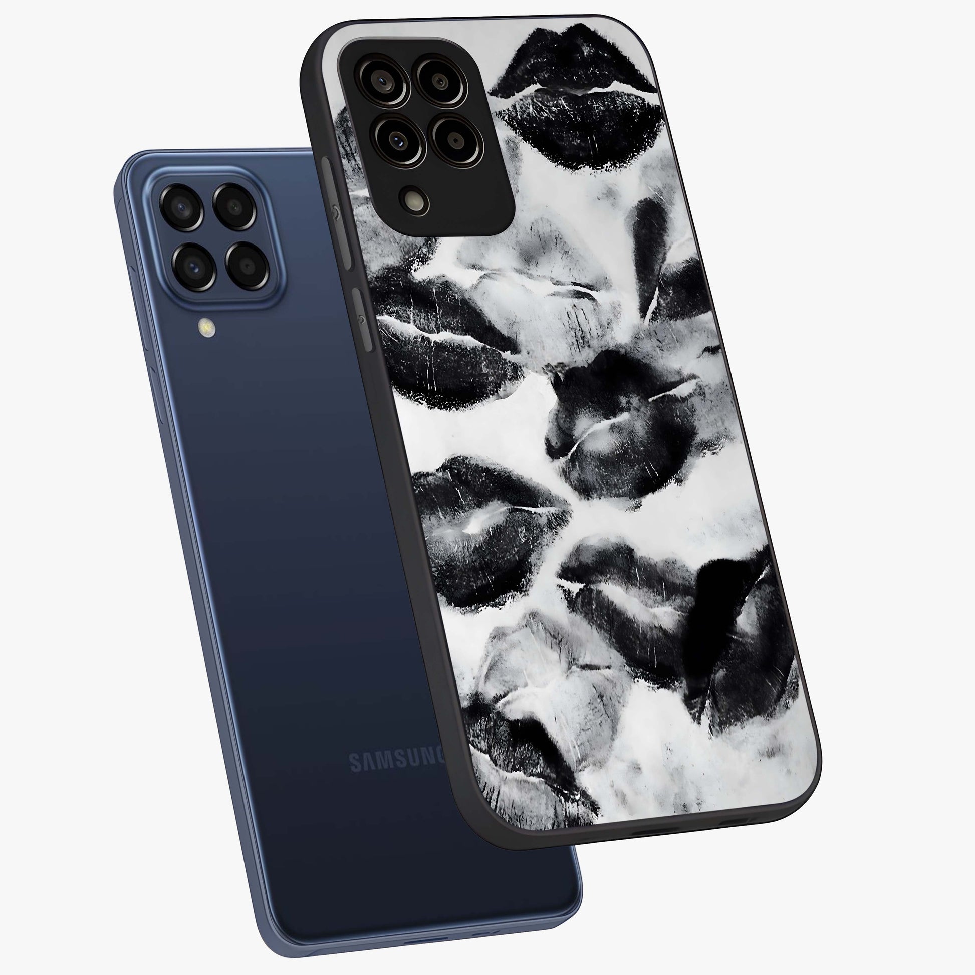 Midnight Kiss Marks Glass Case displayed in angled mockup highlighting playful romantic design with bold midnight aesthetic.