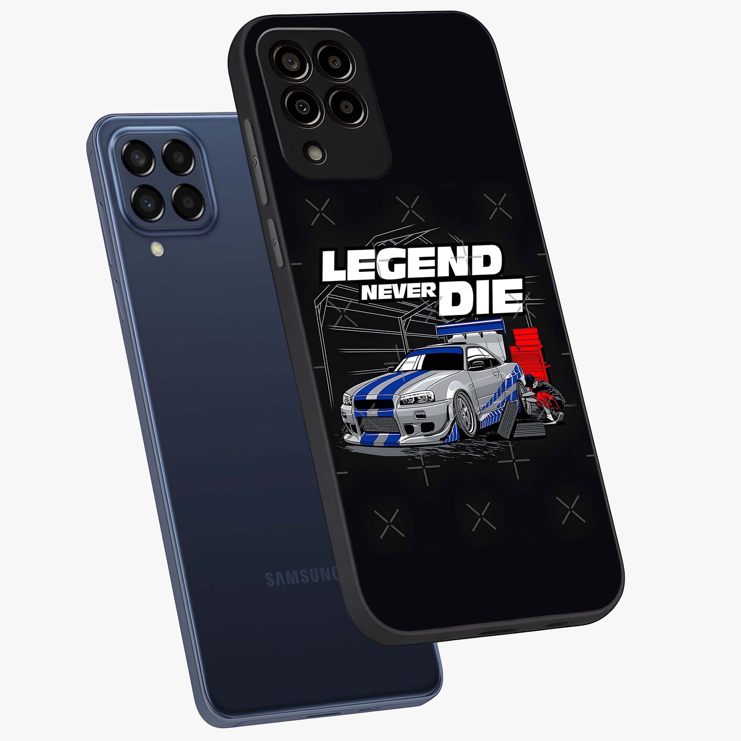 Midnight Racing Legacy Glass Case displayed in angled mockup highlighting dynamic automotive design with bold midnight aesthetic.