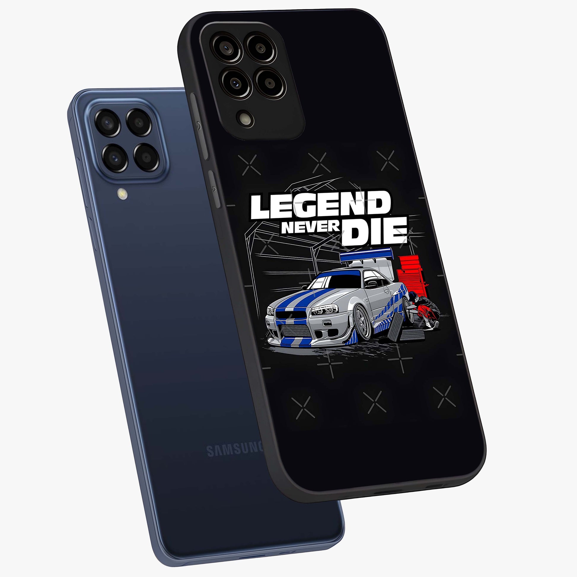 Midnight Racing Legacy Glass Case displayed in angled mockup highlighting dynamic automotive design with bold midnight aesthetic.