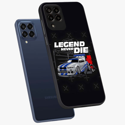 Midnight Racing Legacy Glass Case displayed in angled mockup highlighting dynamic automotive design with bold midnight aesthetic.