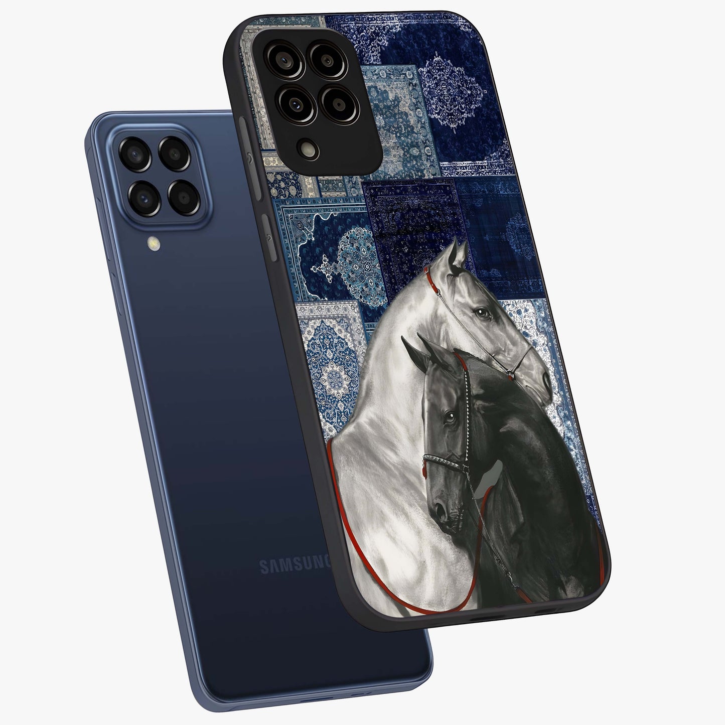 Midnight Stallion Blues Glass Case displayed in angled mockup highlighting powerful stallion illustration with deep midnight tones.