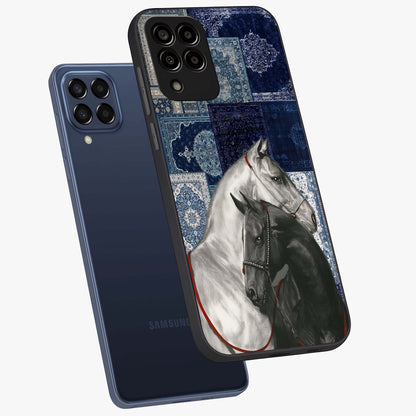 Midnight Stallion Blues Glass Case displayed in angled mockup highlighting powerful stallion illustration with deep midnight tones.