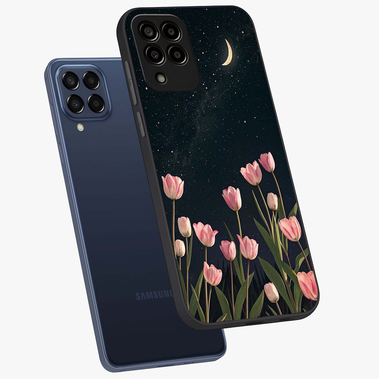 Midnight Tulip Whispers Vibe Glass Case displayed in angled mockup highlighting delicate tulip design with midnight floral aesthetic.