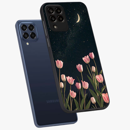 Midnight Tulip Whispers Vibe Glass Case displayed in angled mockup highlighting delicate tulip design with midnight floral aesthetic.