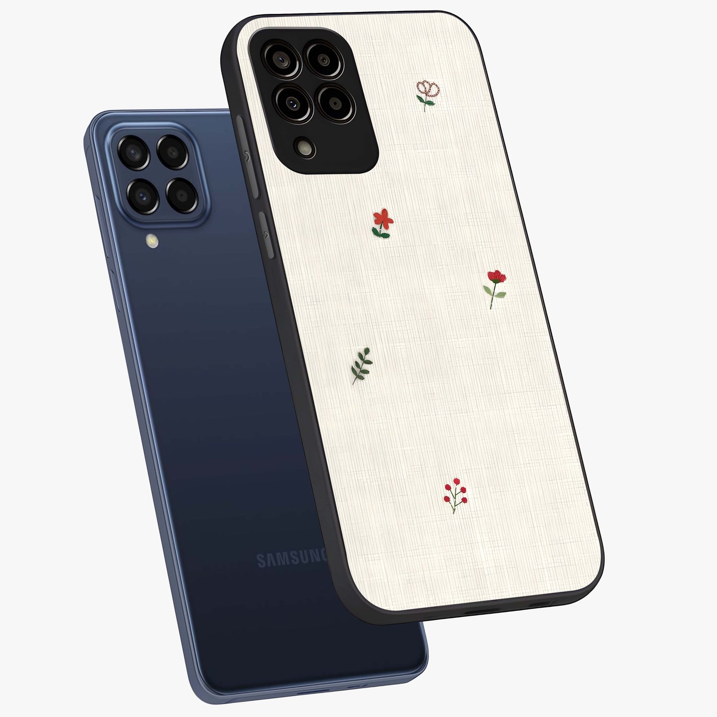Minimalistic Blue With White Flower Pattern Glass Case displayed in angled mockup highlighting simple floral design with minimal aesthetic.