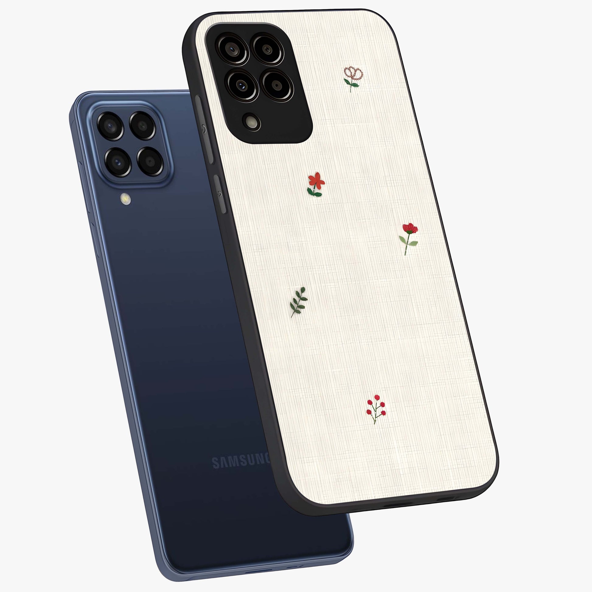 Minimalistic Blue With White Flower Pattern Glass Case displayed in angled mockup highlighting simple floral design with minimal aesthetic.