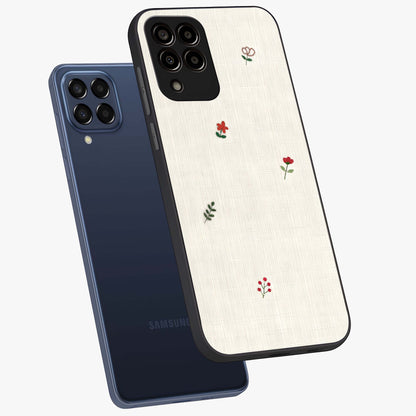 Minimalistic Blue With White Flower Pattern Glass Case displayed in angled mockup highlighting simple floral design with minimal aesthetic.