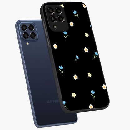 Minimal Petal Whispers Glass Case displayed in angled mockup highlighting delicate petal design with clean minimal aesthetic.