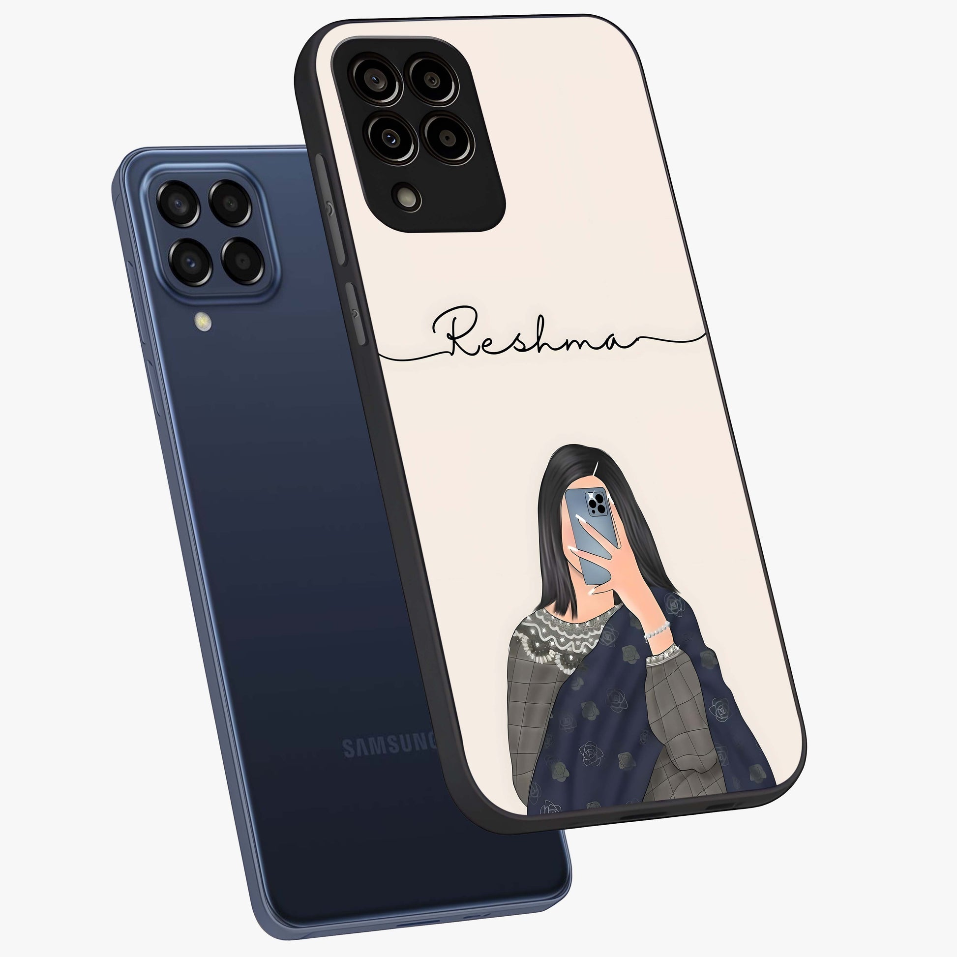 Mirror Mood Muse With Custom Name Glass Case displayed in angled mockup highlighting aesthetic mirror inspired design with custom name feature.