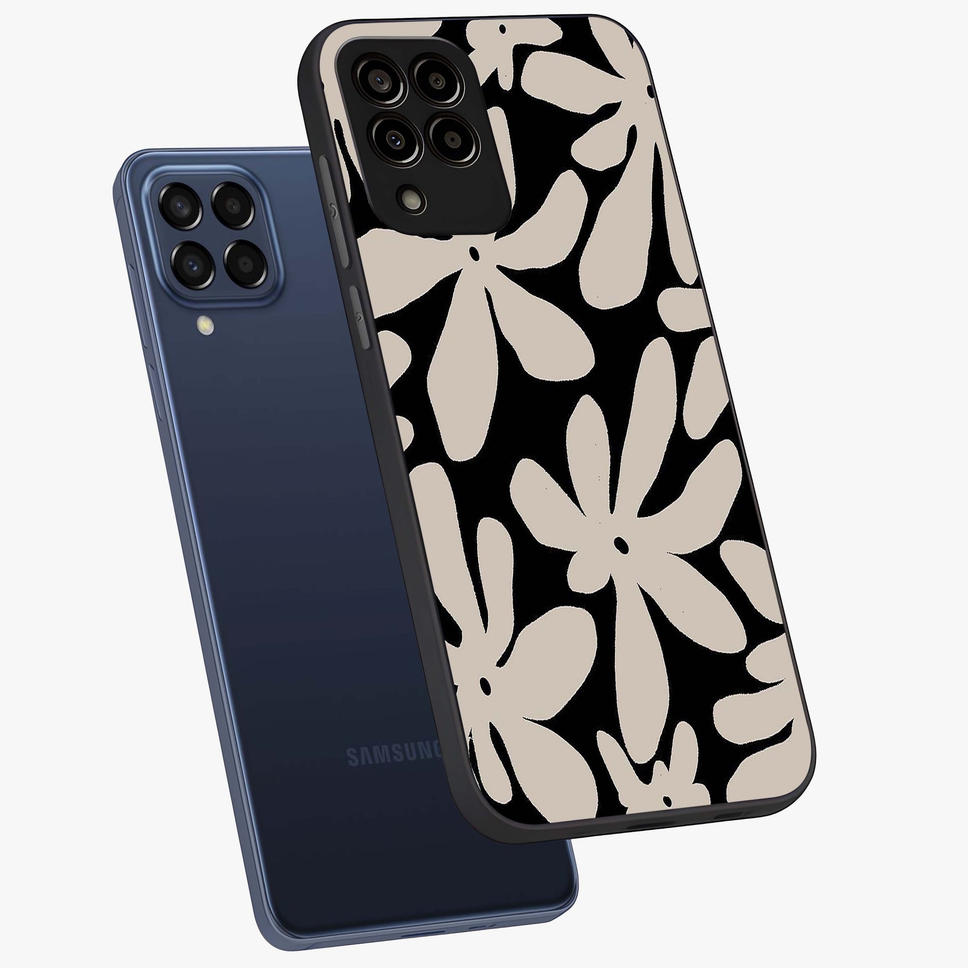 Monochrome Petal Dance Glass Case displayed in angled mockup highlighting elegant petal design with black and white aesthetic.
