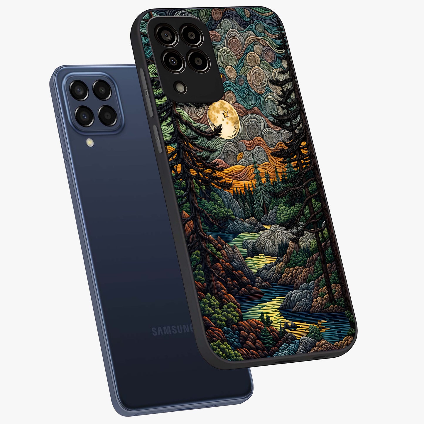 Moonlight Forest Dream Glass Case displayed in angled mockup highlighting dreamy forest design with glowing moon aesthetic.