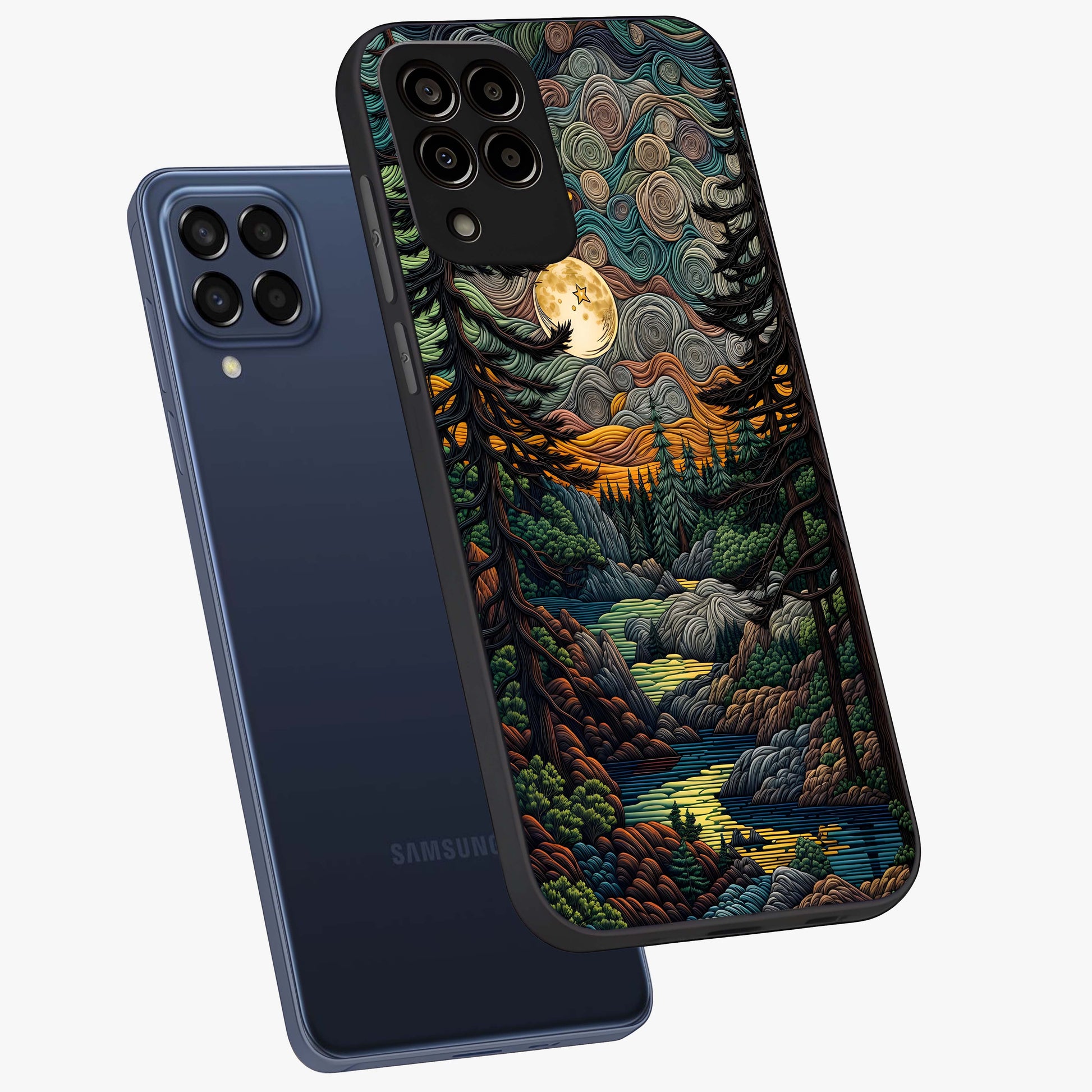 Moonlight Forest Dream Glass Case displayed in angled mockup highlighting dreamy forest design with glowing moon aesthetic.