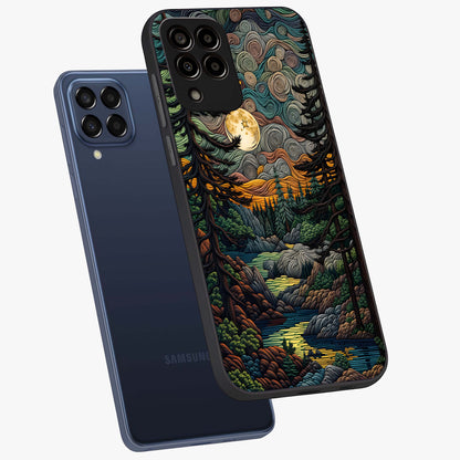 Moonlight Forest Dream Glass Case displayed in angled mockup highlighting dreamy forest design with glowing moon aesthetic.