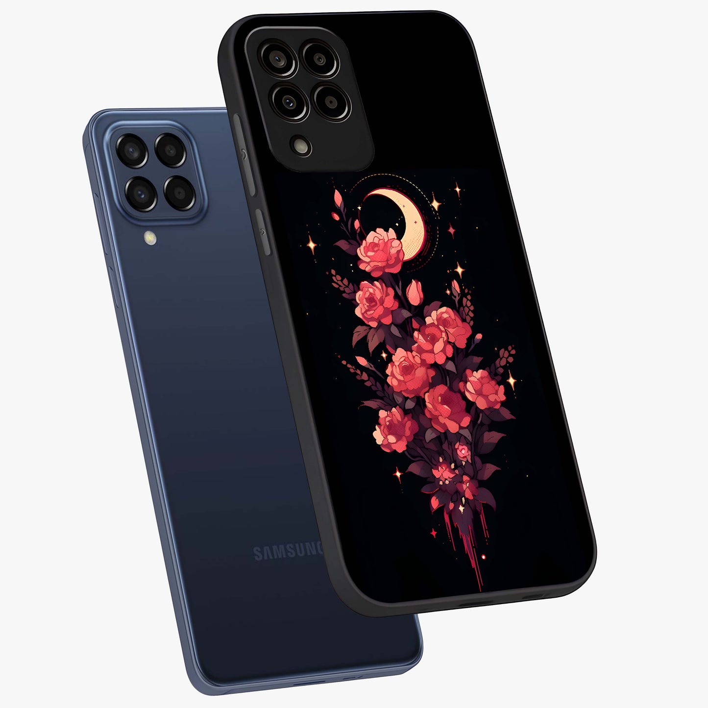 Moonlit Floral Elegance Glass Case displayed in angled mockup highlighting graceful flower design with soft moonlight aesthetic.
