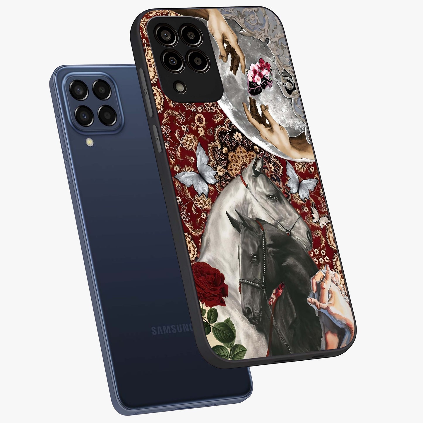 Moonlit Royal Stallion Glass Case displayed in angled mockup highlighting powerful stallion illustration with royal night aesthetic.