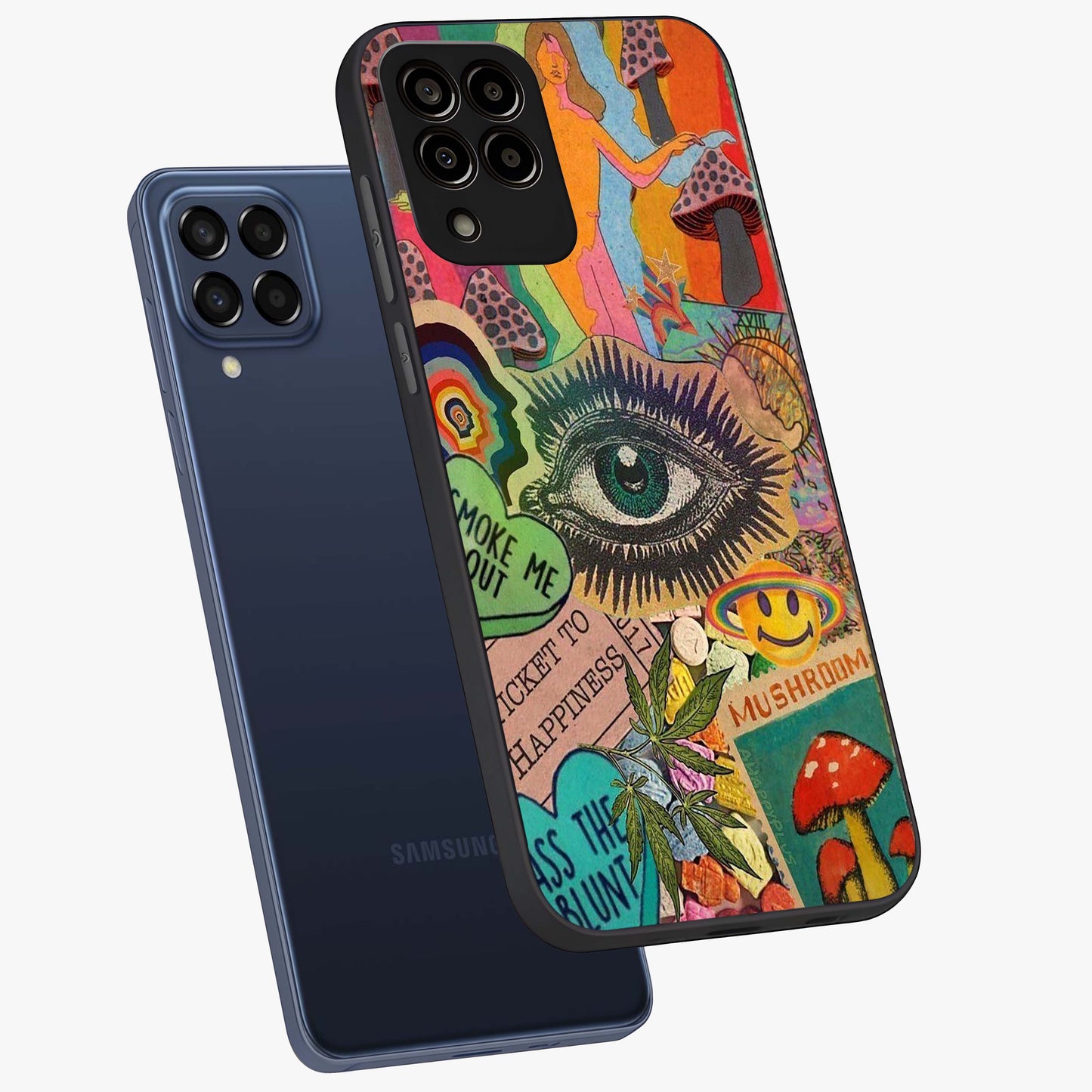 Mystic Eye Wonderland Glass Case displayed in angled mockup highlighting magical eye illustration with dreamy aesthetic.