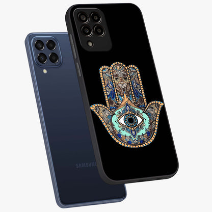 Mystic Hamsa Eye Glass Case displayed in angled mockup highlighting spiritual hamsa symbol with mystical aesthetic style.