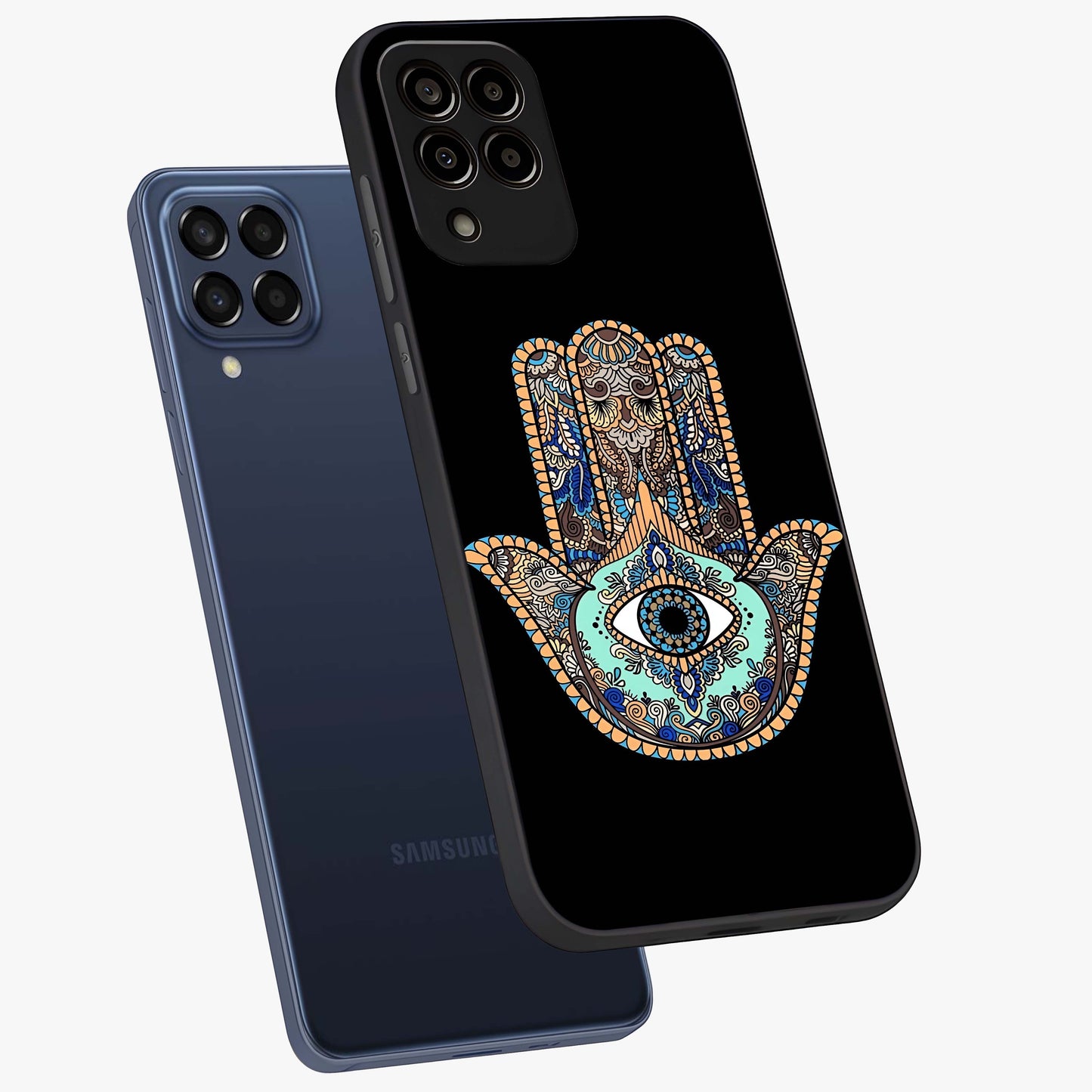 Mystic Hamsa Eye Glass Case displayed in angled mockup highlighting spiritual hamsa symbol with mystical aesthetic style.