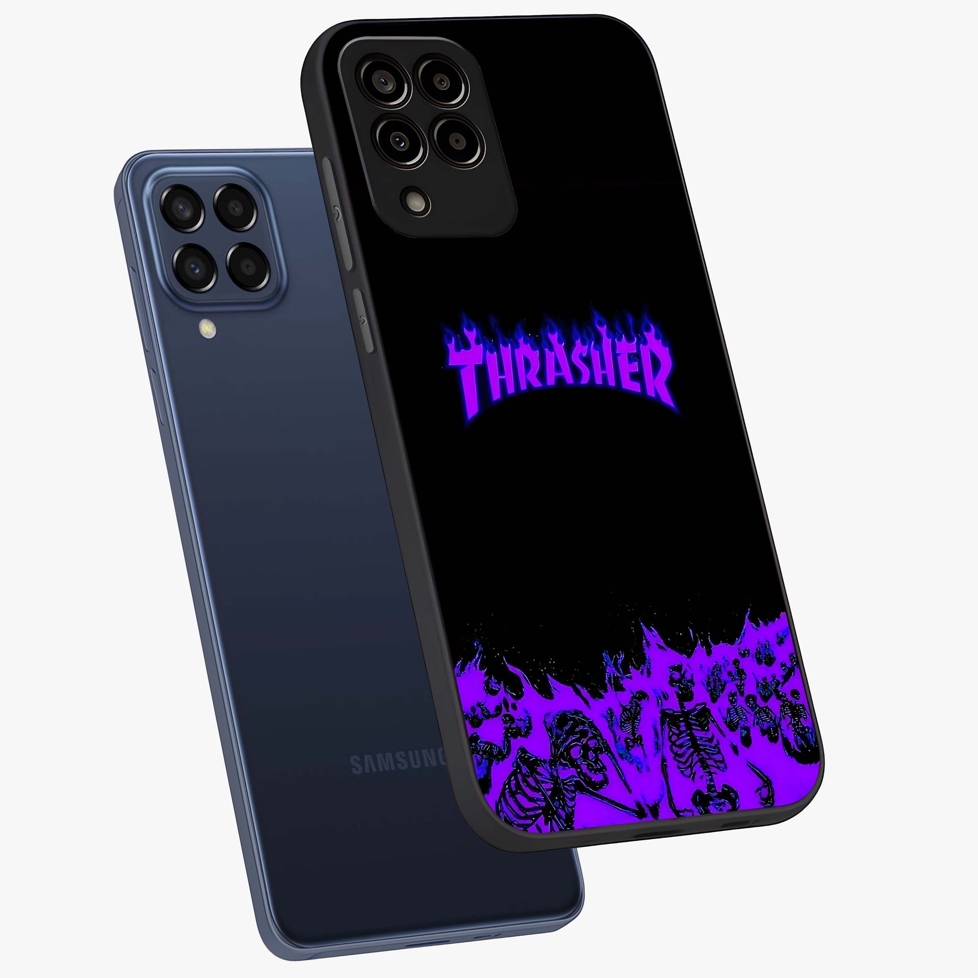 Neon Flame Riot Glass Case displayed in angled mockup highlighting glowing flame design with vibrant neon aesthetic.