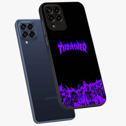 Neon Flame Riot Glass Case displayed in angled mockup highlighting glowing flame design with vibrant neon aesthetic.
