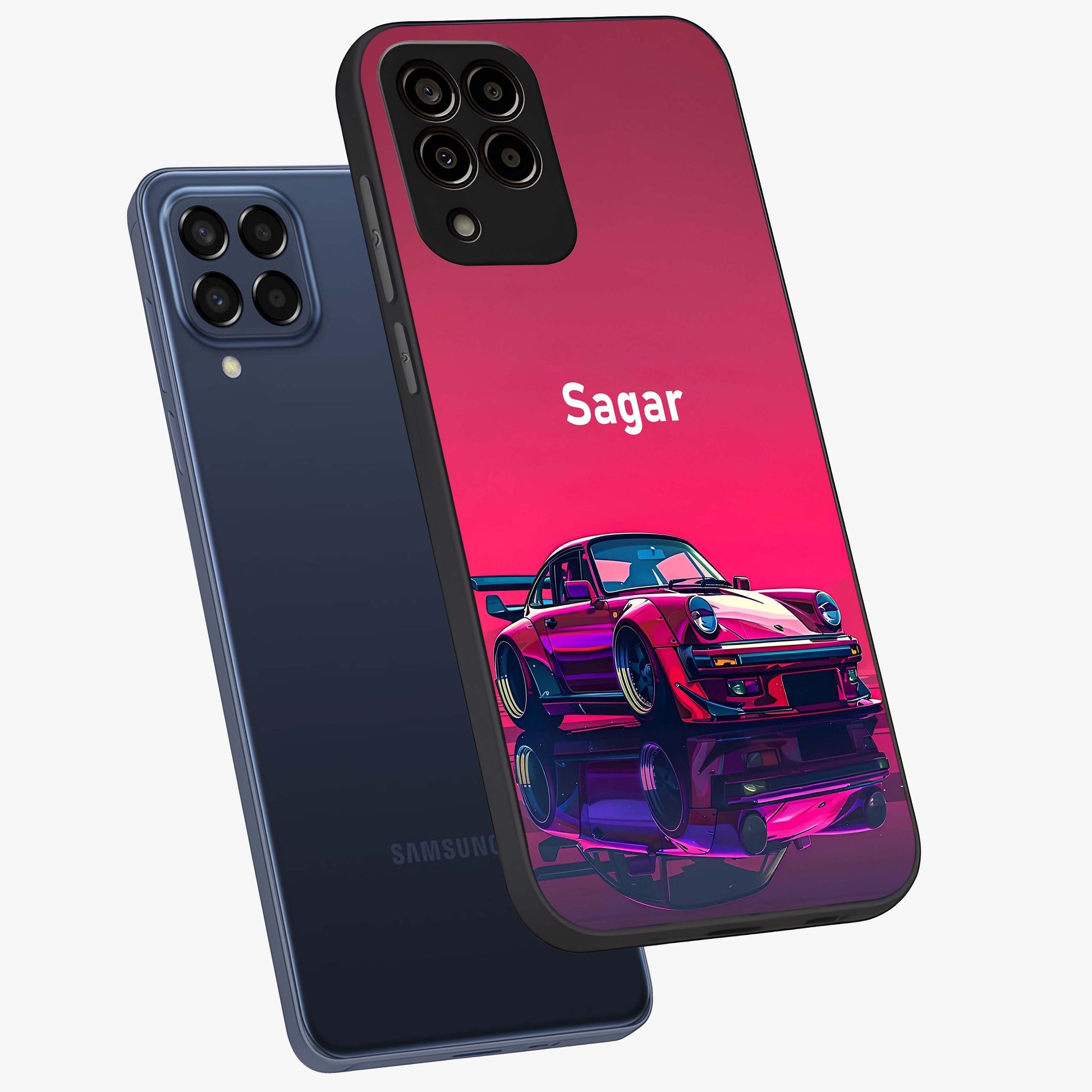 Neon Pink Porsche Glass Case displayed in angled mockup highlighting sleek neon pink car design with racing aesthetic.