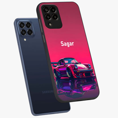 Neon Pink Porsche Glass Case displayed in angled mockup highlighting sleek neon pink car design with racing aesthetic.