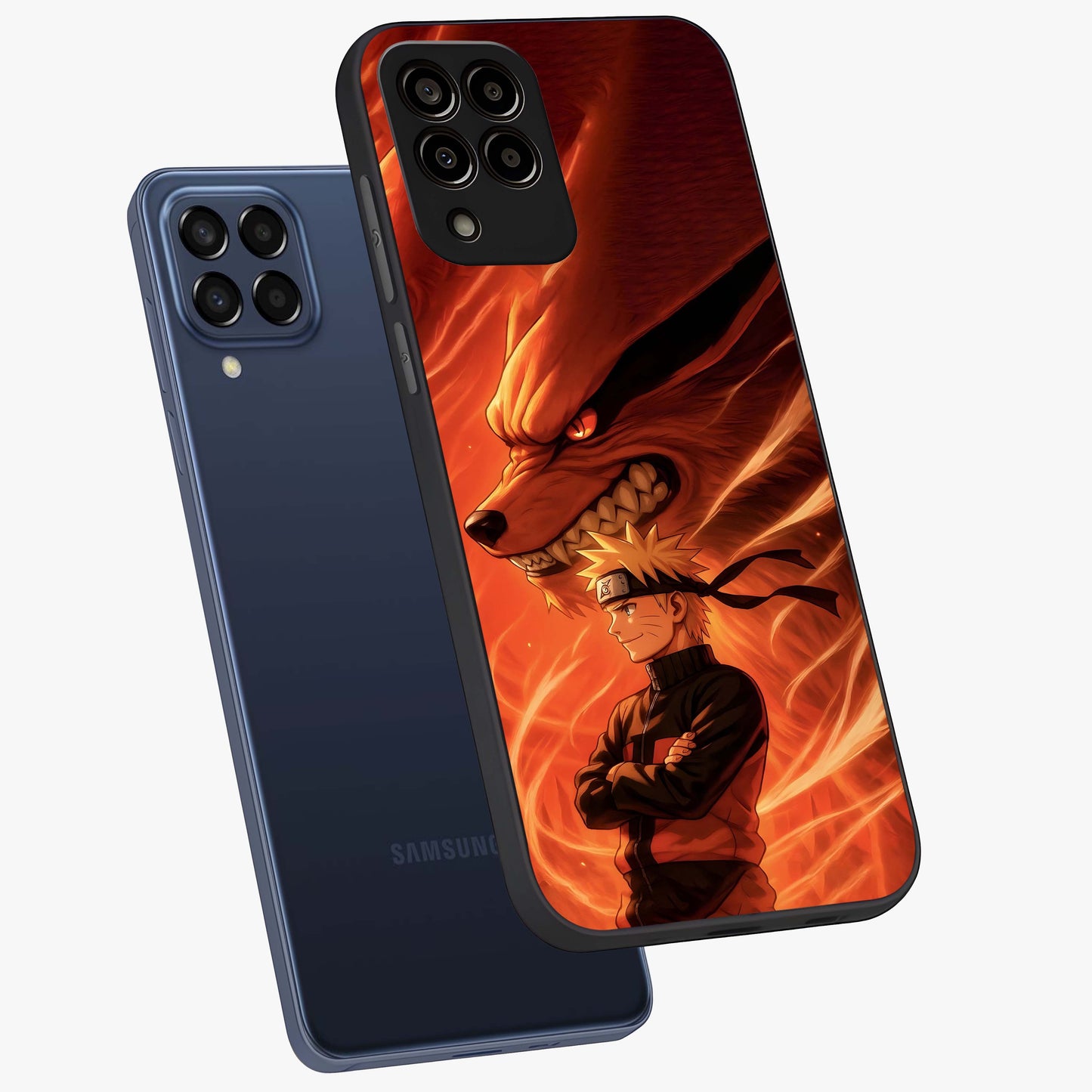 Nine Tails Legacy Glass Case displayed in angled mockup highlighting dynamic anime beast illustration with bold mystical aesthetic.