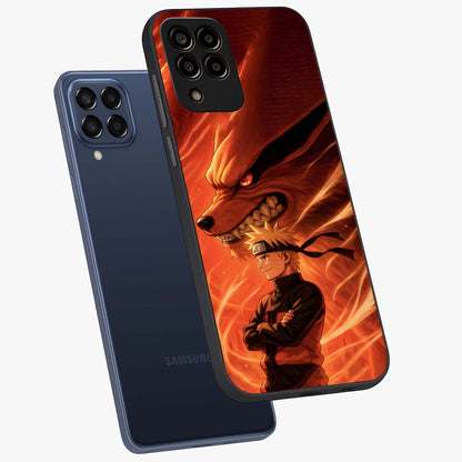 Nine Tails Legacy Glass Case displayed in angled mockup highlighting dynamic anime beast illustration with bold mystical aesthetic.