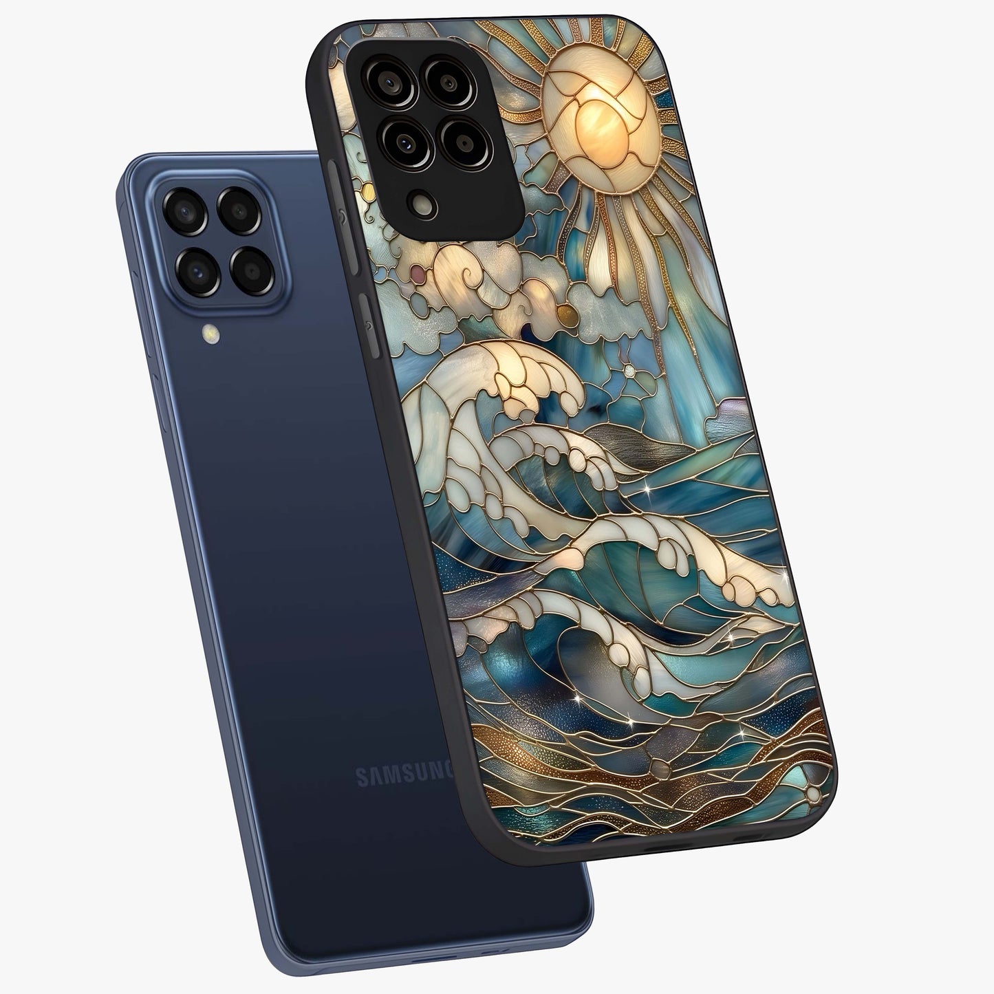 Oceanic Stained Printed Glass Case displayed in angled mockup highlighting colorful aquatic design with artistic aesthetic style.