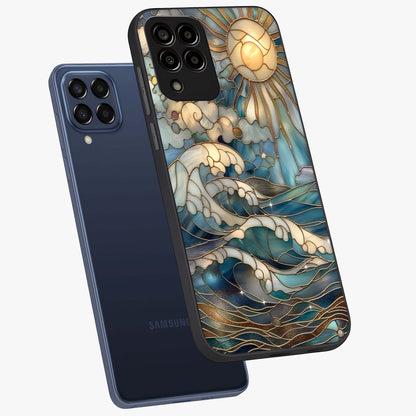 Oceanic Stained Printed Glass Case displayed in angled mockup highlighting colorful aquatic design with artistic aesthetic style.