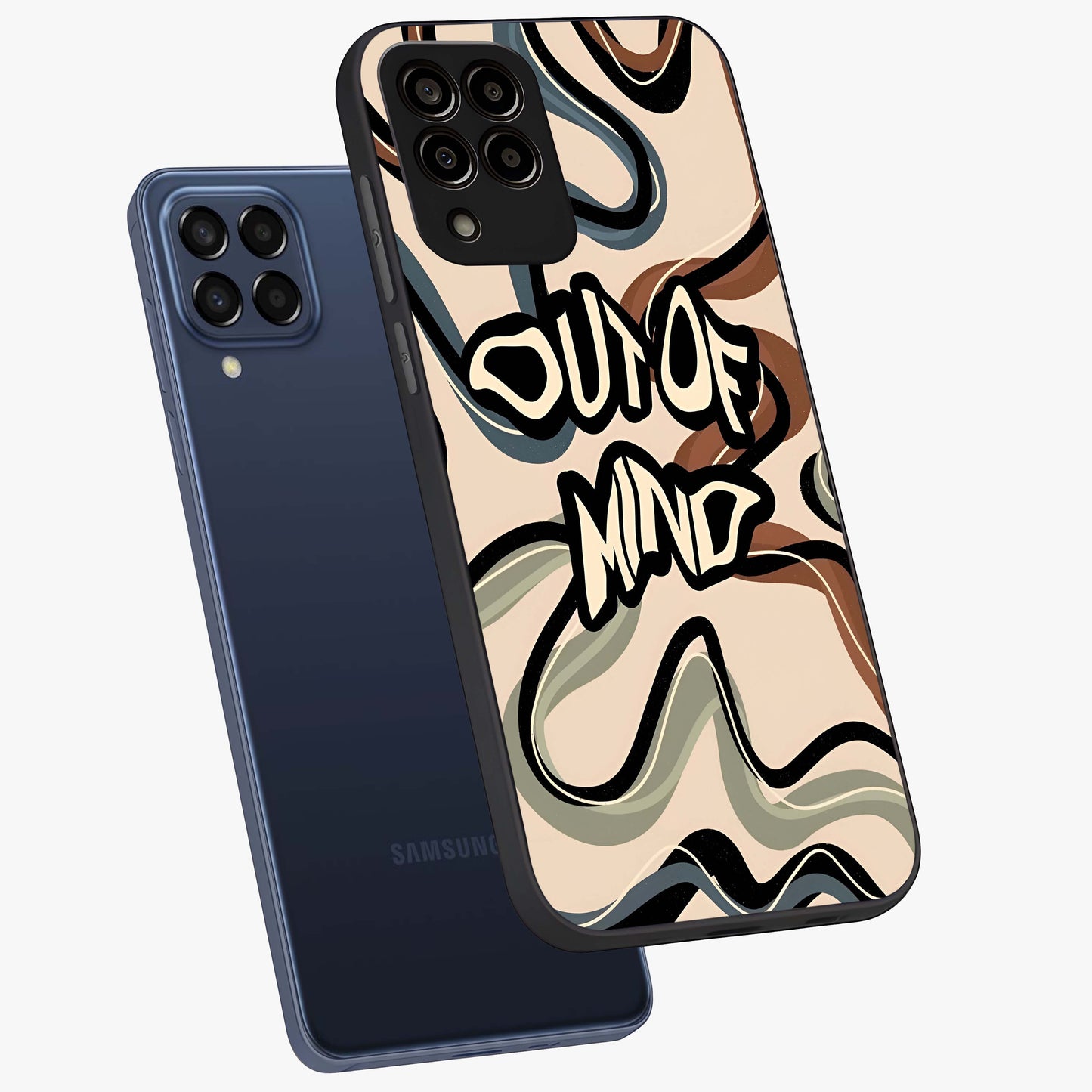 Out Of Mind Glass Case displayed in angled mockup highlighting bold statement design with modern artistic aesthetic.
