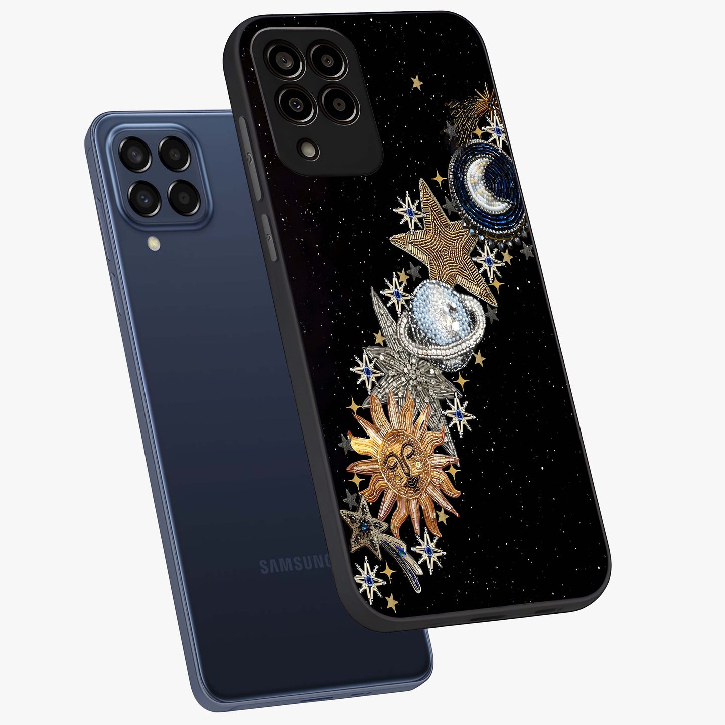 Pearls Universe Object Glass Case displayed in angled mockup highlighting celestial pearl design with dreamy aesthetic.