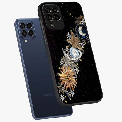 Pearls Universe Object Glass Case displayed in angled mockup highlighting celestial pearl design with dreamy aesthetic.