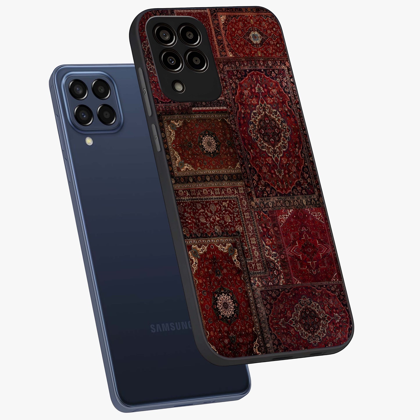 Persian Velvet Tale Glass Case displayed in angled mockup highlighting ornate textile inspired design with royal aesthetic.
