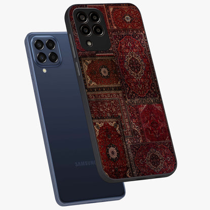 Persian Velvet Tale Glass Case displayed in angled mockup highlighting ornate textile inspired design with royal aesthetic.