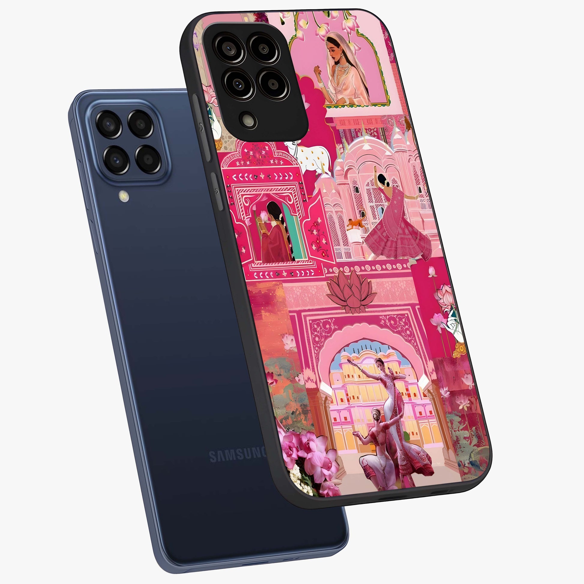Pink Palace Muse Glass Case displayed in angled mockup highlighting dreamy palace illustration with soft pink aesthetic.
