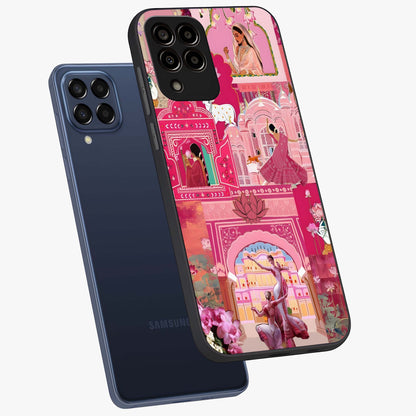 Pink Palace Muse Glass Case displayed in angled mockup highlighting dreamy palace illustration with soft pink aesthetic.