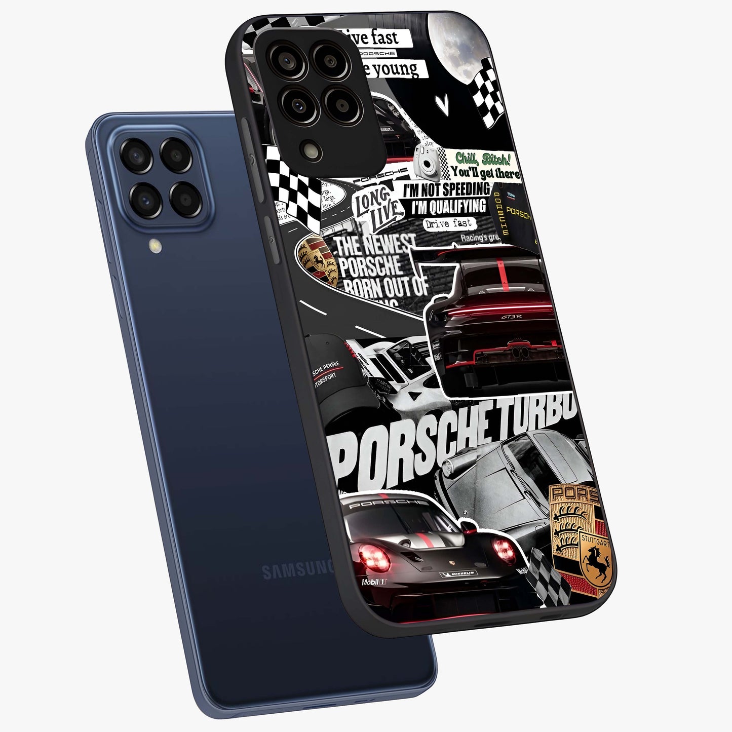 Porsche Racing Collage Glass Case displayed in angled mockup highlighting dynamic automotive design with bold racing aesthetic.