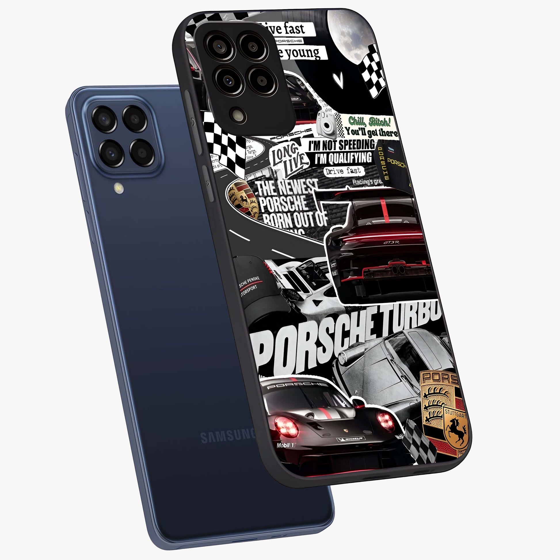 Porsche Racing Collage Glass Case displayed in angled mockup highlighting dynamic automotive design with bold racing aesthetic.