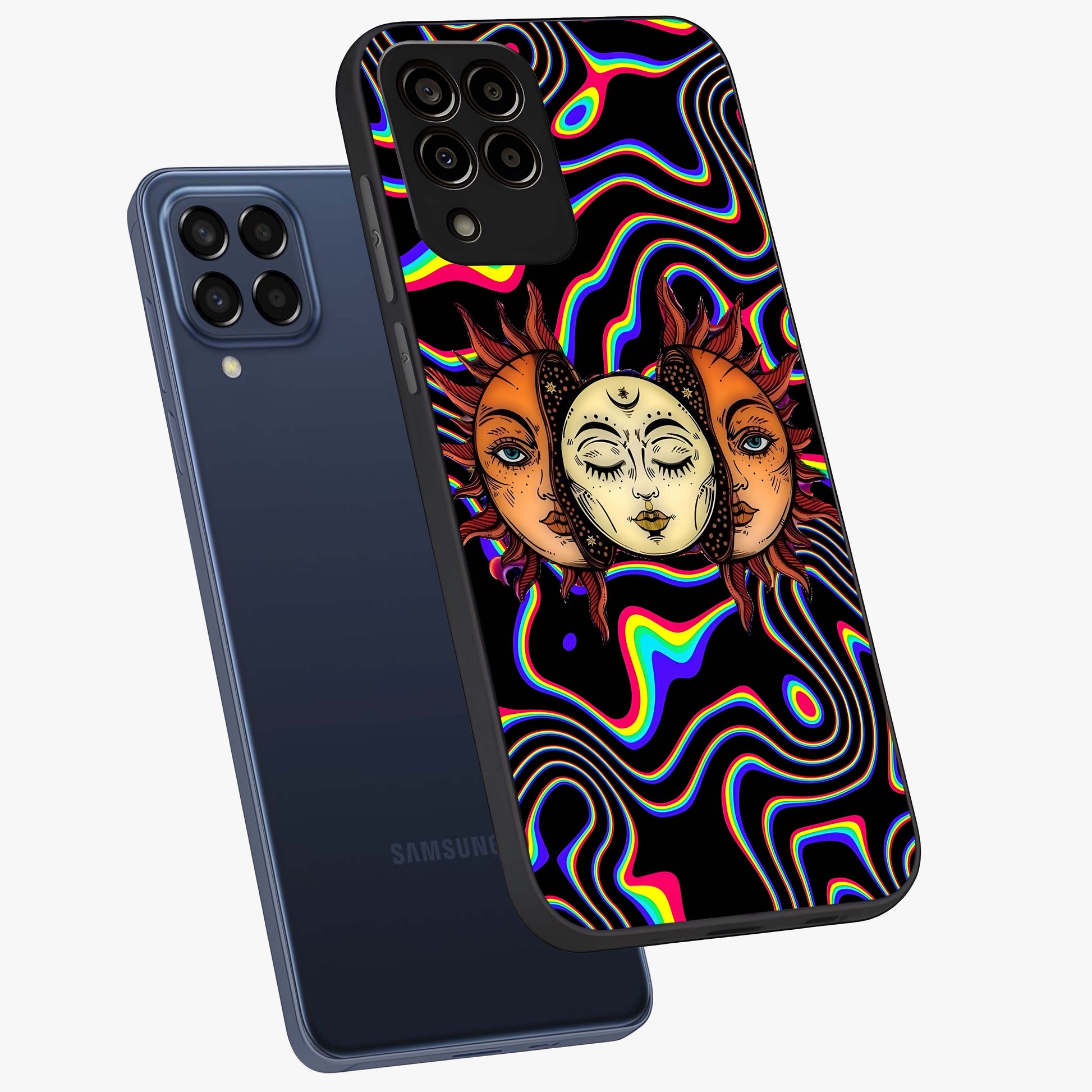 Psychedelic Sun Glass Case displayed in angled mockup highlighting vibrant abstract sun design with artistic aesthetic style.