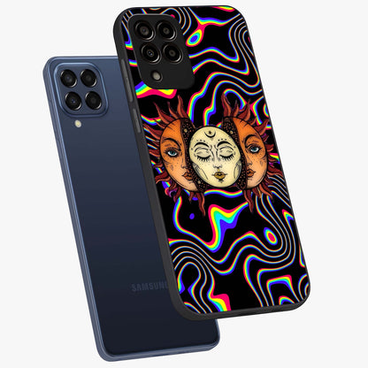 Psychedelic Sun Glass Case displayed in angled mockup highlighting vibrant abstract sun design with artistic aesthetic style.